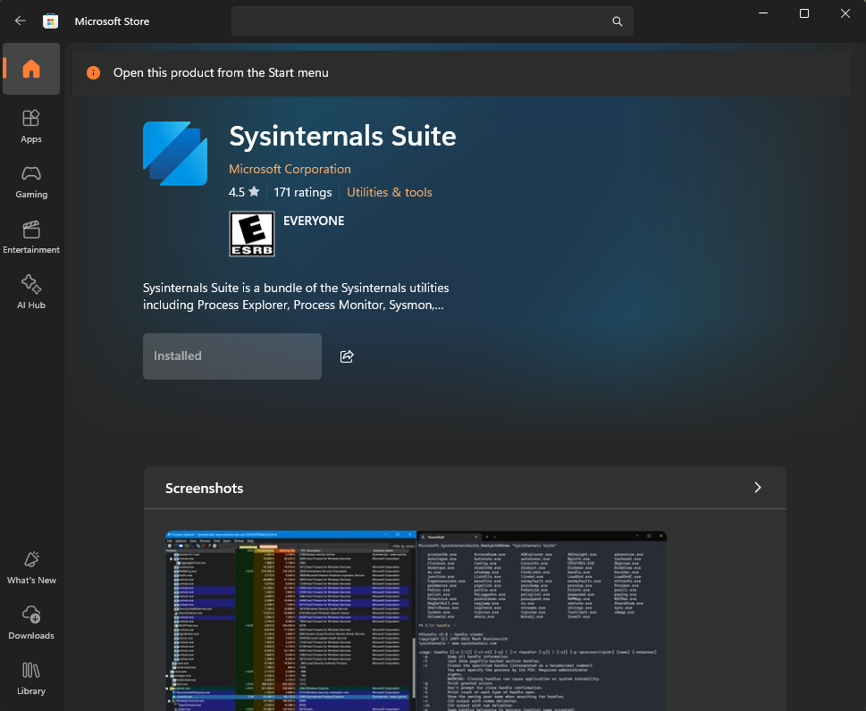 SysInternals Microsoft Store