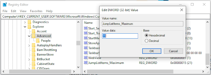 JumpList Registry Configuration